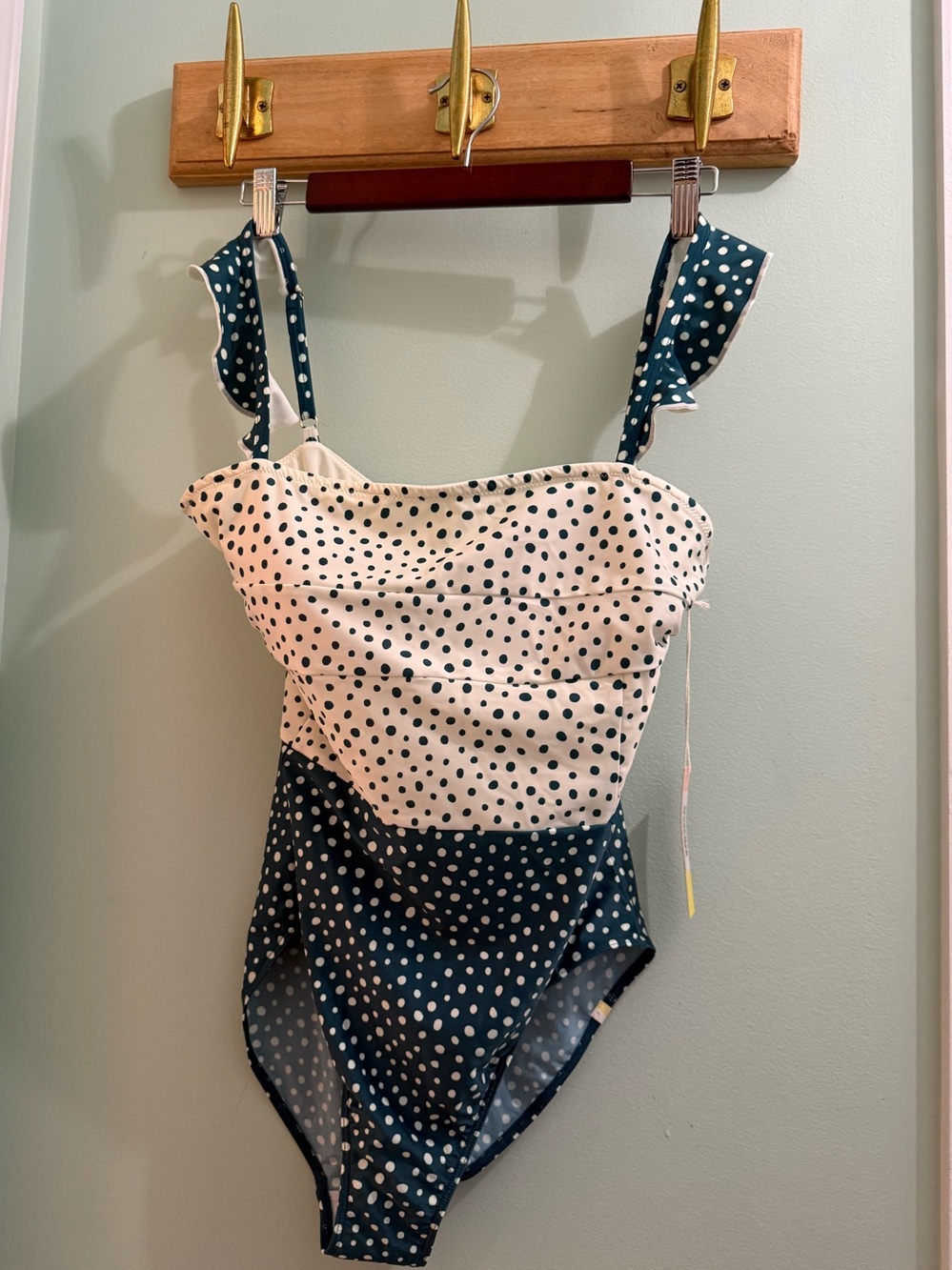 Summersalt Oasis teal blue-green & white polka dot ruffle bathing suit size 10 - Picture 3 of 4